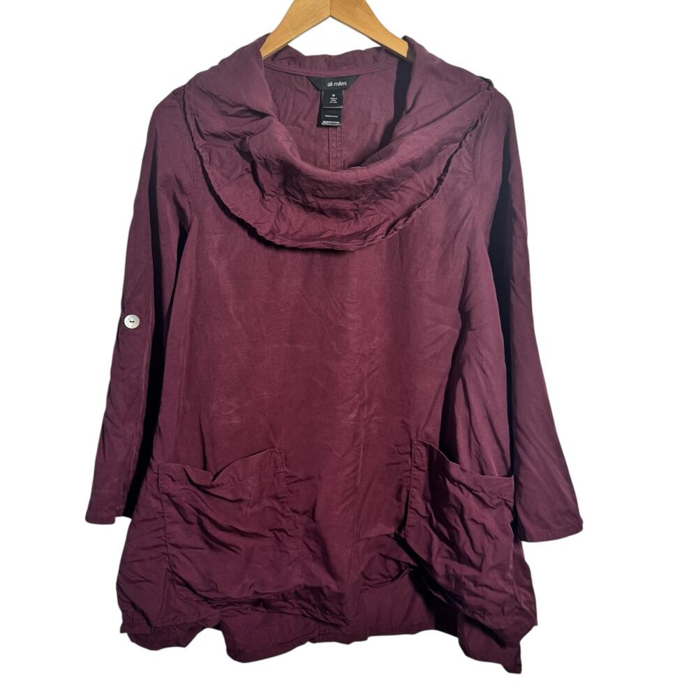 Ali Miles Tunic Top Women M Burgundy Lagenlook Cowl Neck Chore Pocket Rolltab‎